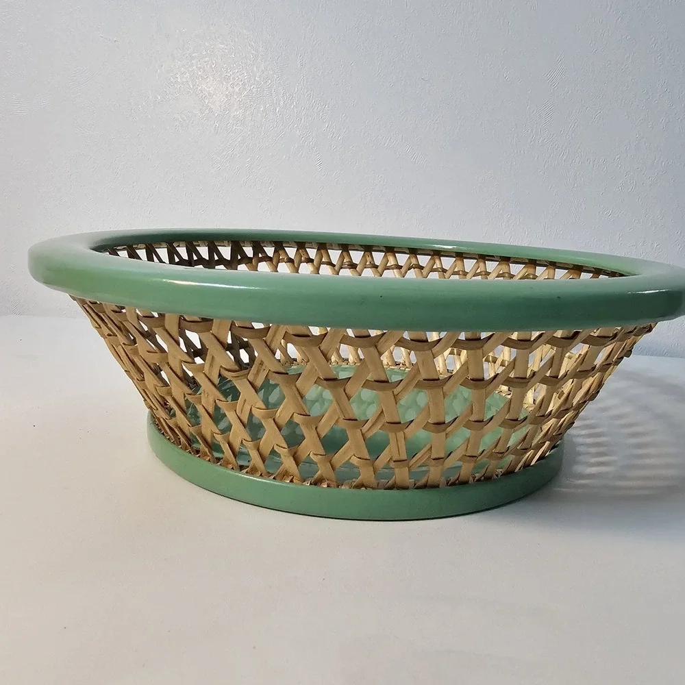 Vintage Wicker Bread Basket Tin Rim Bottom Stamped Germany Rattan 9
